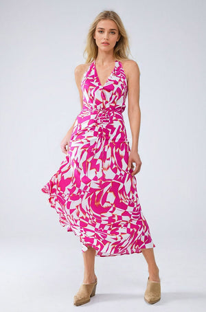 Q2 Women's Dress Halter Midi Dress With Cinched Waist In Abstract Fuchsia And White Print