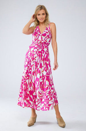 Q2 Women's Dress Halter Midi Dress With Cinched Waist In Abstract Fuchsia And White Print