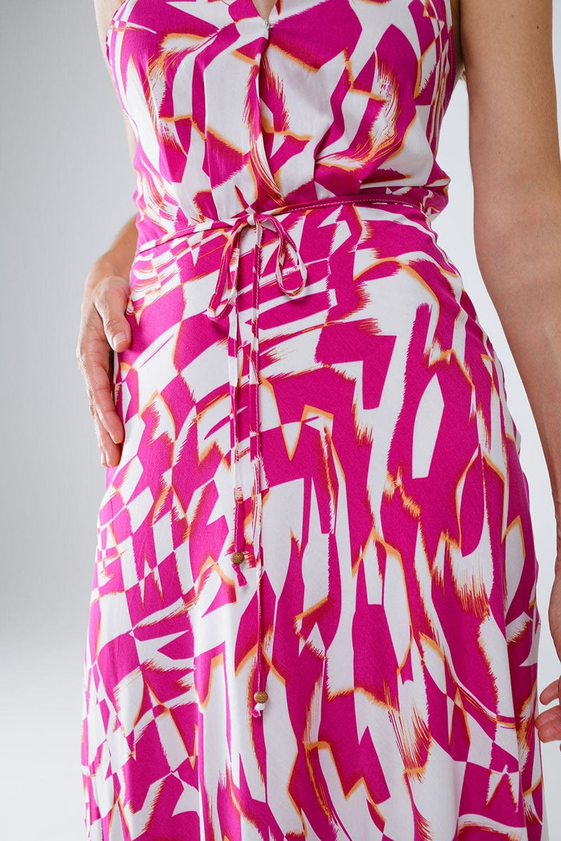 Q2 Women's Dress Halter Midi Dress With Cinched Waist In Abstract Fuchsia And White Print