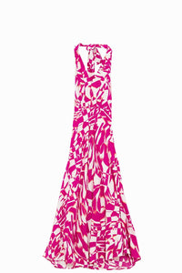 Q2 Women's Dress Halter Midi Dress With Cinched Waist In Abstract Fuchsia And White Print