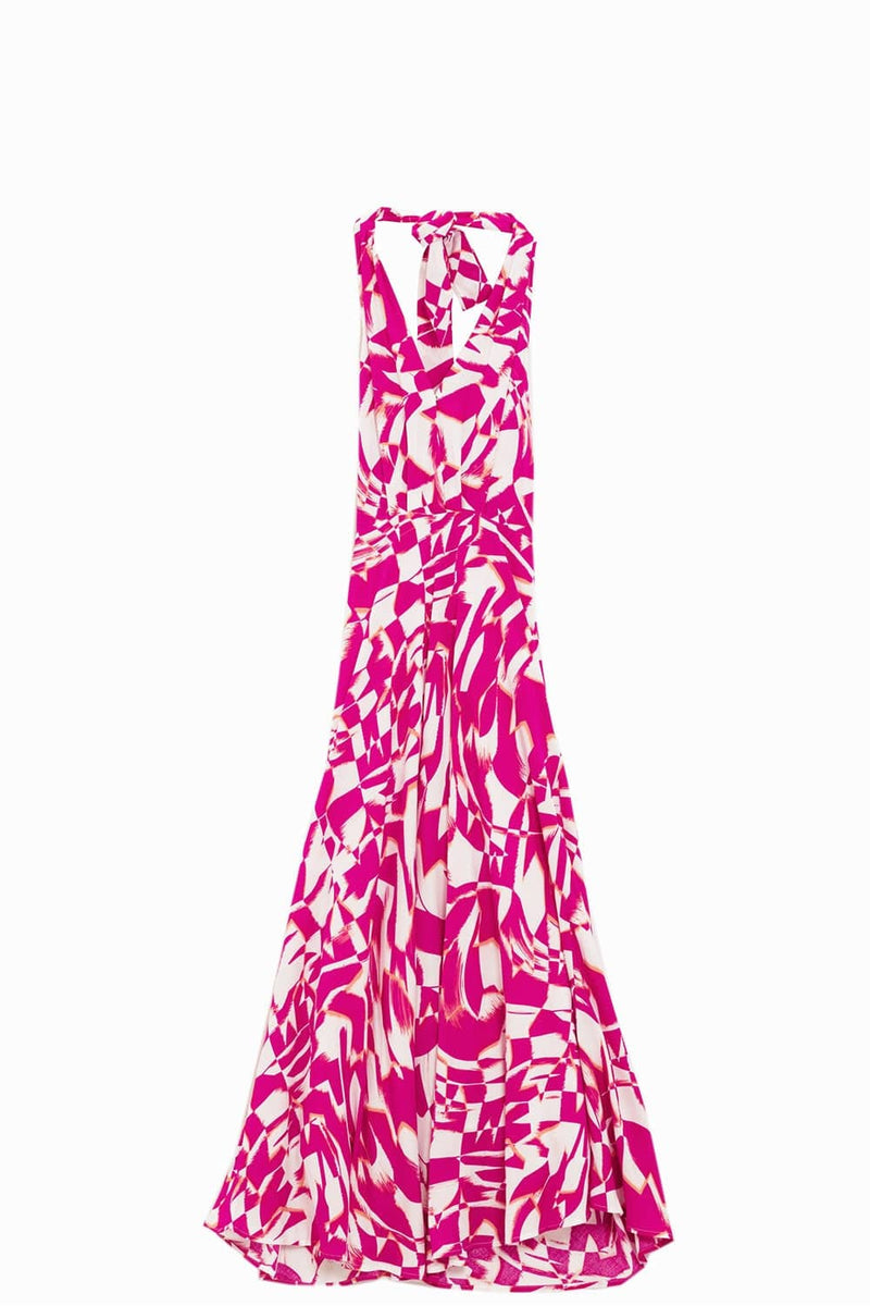 Q2 Women's Dress Halter Midi Dress With Cinched Waist In Abstract Fuchsia And White Print