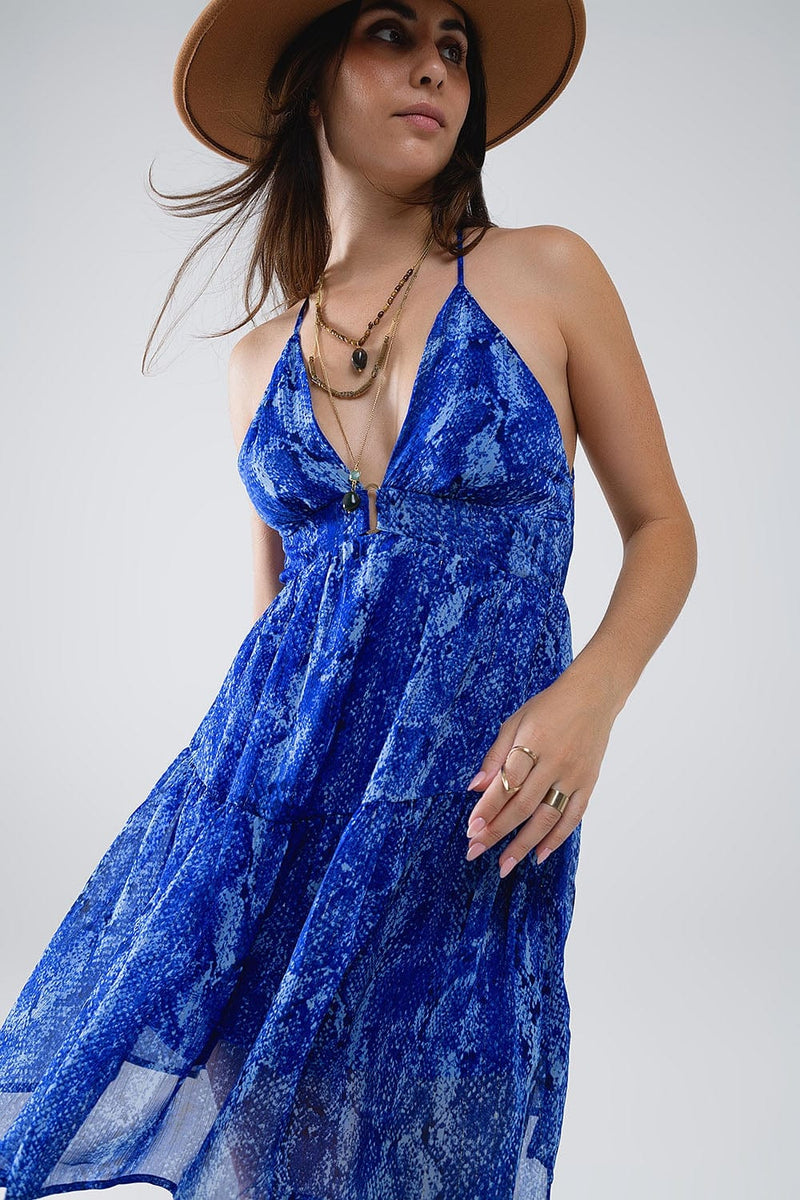 Q2 Women's Dress Halter Open Back Babydoll Dress In Snake Blue Print