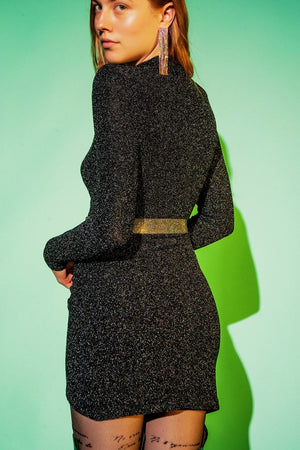 Q2 Women's Dress High Neck Long Sleeve Pencil Dress in Black Glitter