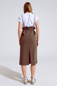 Q2 Women's Dress Khaki Denim Overall Dress With Chest Pocket And Drawstring Waist