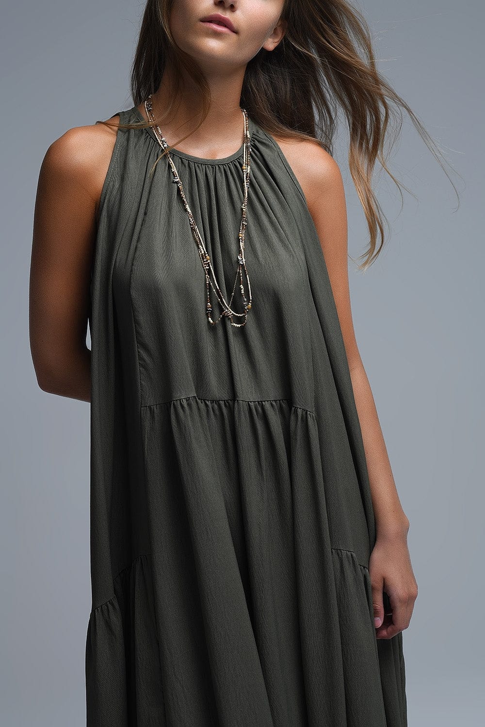 Q2 Women's Dress Khaki Halter Neck Maxi Dress With Seam Detailing