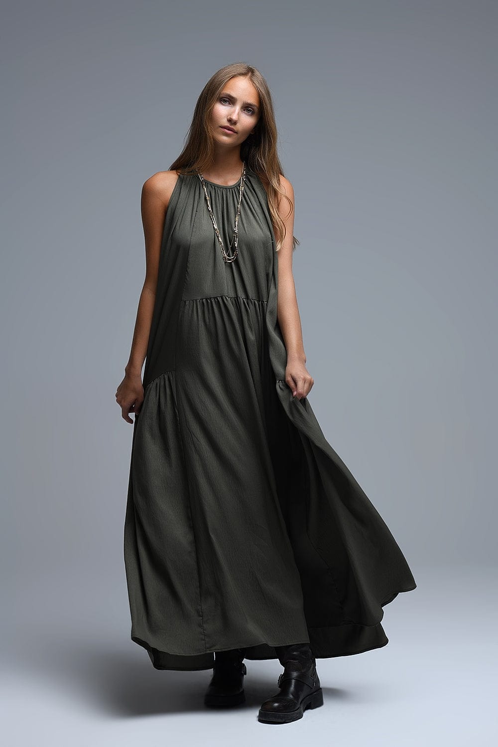 Q2 Women's Dress Khaki Halter Neck Maxi Dress With Seam Detailing