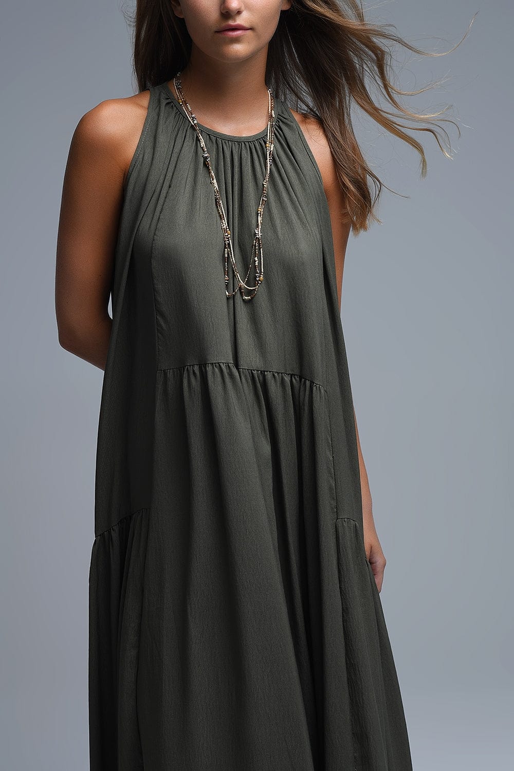 Q2 Women's Dress Khaki Halter Neck Maxi Dress With Seam Detailing