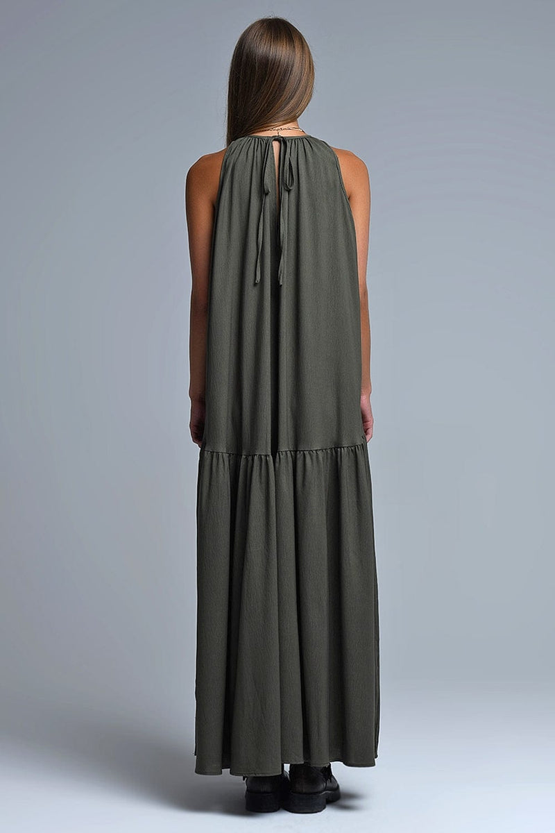 Q2 Women's Dress Khaki Halter Neck Maxi Dress With Seam Detailing