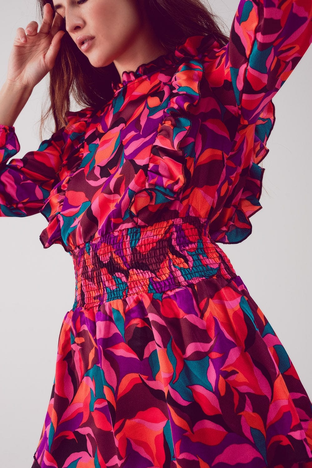 Q2 Women's Dress Layered Frill Mini Dress in Fucshia Floral