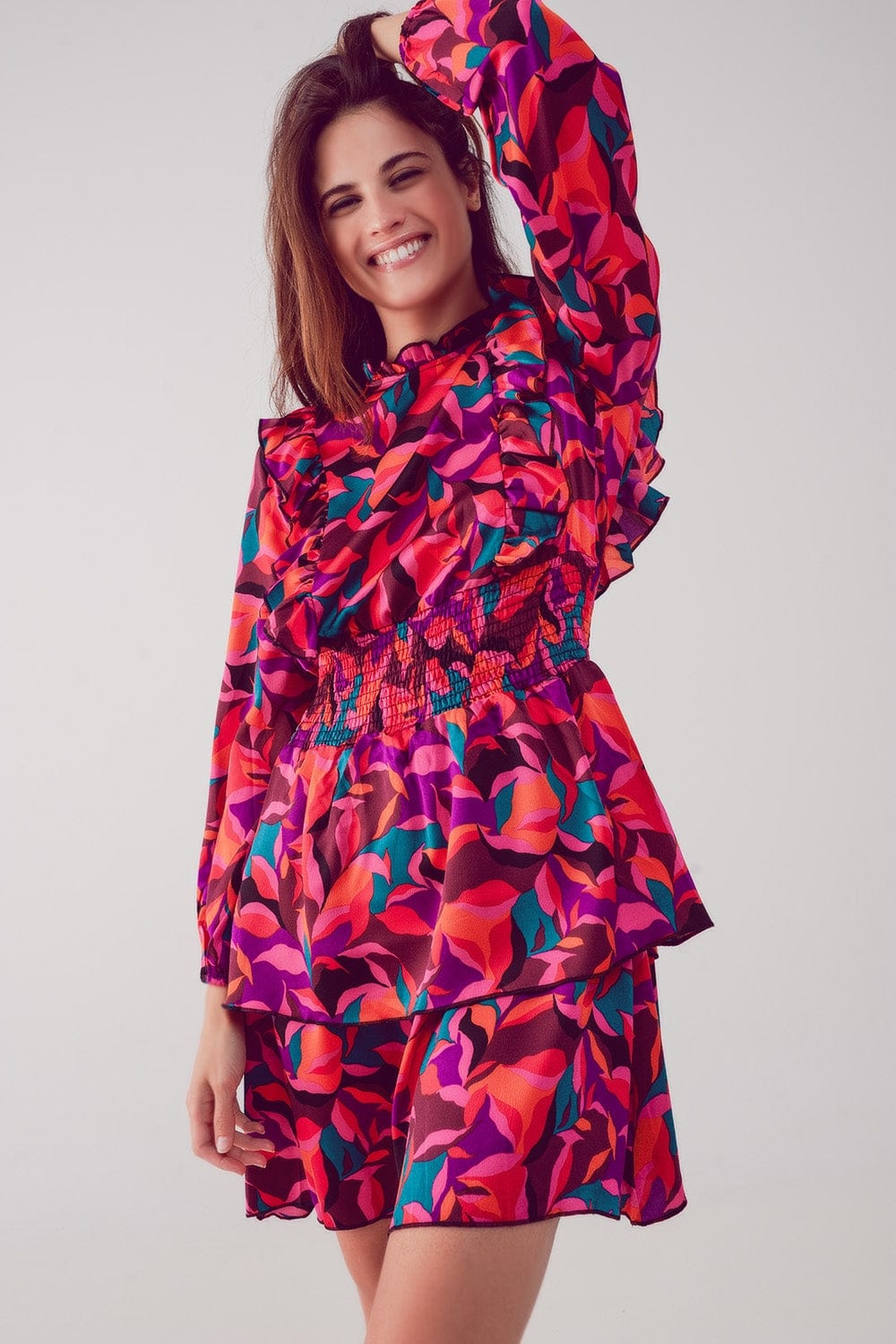 Q2 Women's Dress Layered Frill Mini Dress in Fucshia Floral