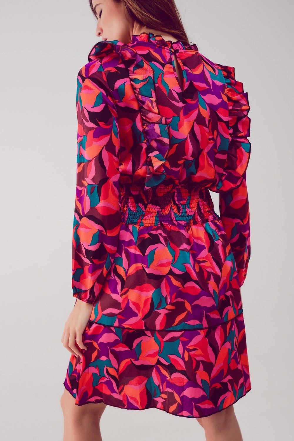 Q2 Women's Dress Layered Frill Mini Dress in Fucshia Floral