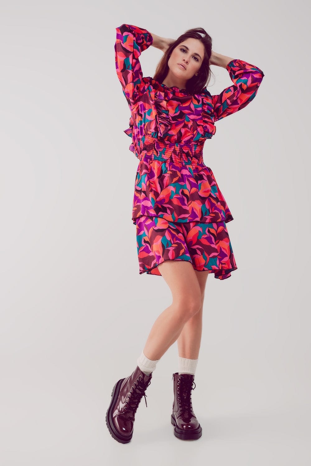 Q2 Women's Dress Layered Frill Mini Dress in Fucshia Floral
