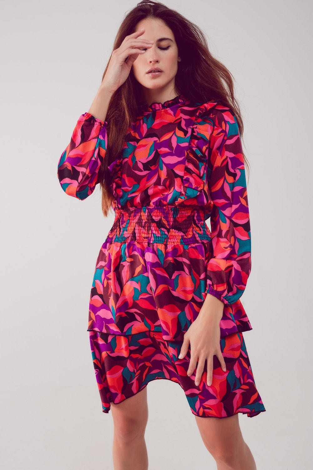 Q2 Women's Dress Layered Frill Mini Dress in Fucshia Floral