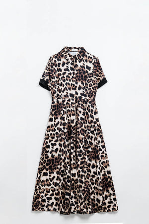 Q2 Women's Dress Leopard Print Buttoned Maxi Dress With Satin Detail