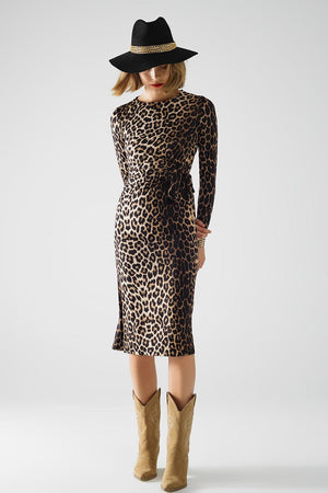 Q2 Women's Dress Leopard Print Spandex Dress With Bow Detail