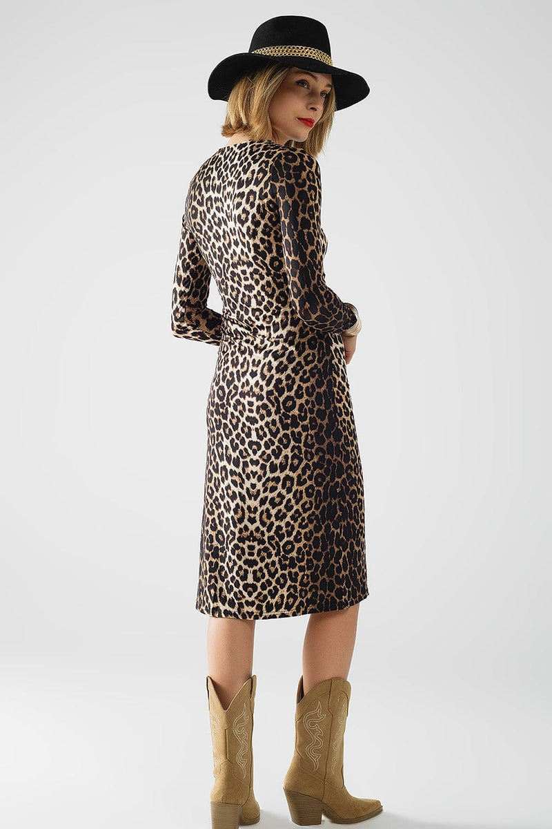 Q2 Women's Dress Leopard Print Spandex Dress With Bow Detail