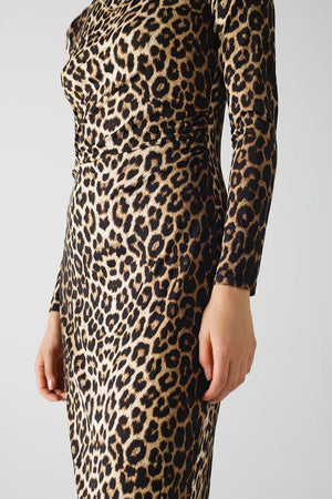 Q2 Women's Dress Leopard Print Spandex Dress With Pleat Detail At The Waist