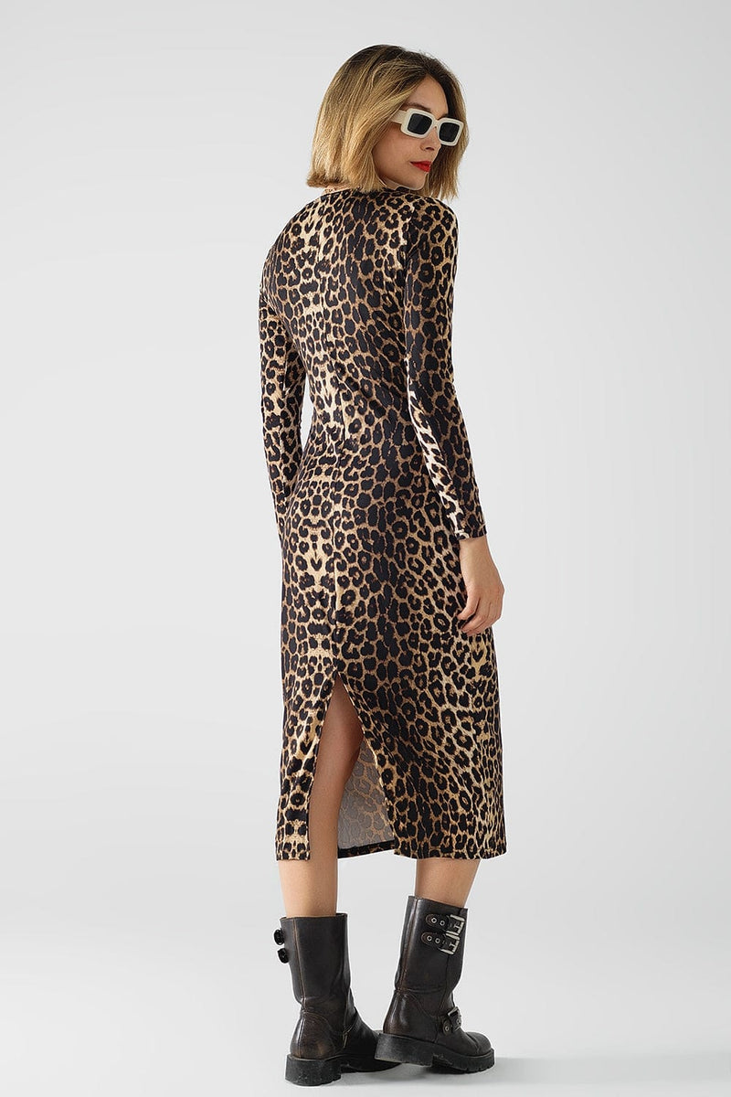 Q2 Women's Dress Leopard Print Spandex Dress With Pleat Detail At The Waist