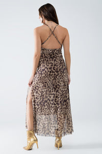 Q2 Women's Dress Leopard Strap Dress In Mesh Fabric