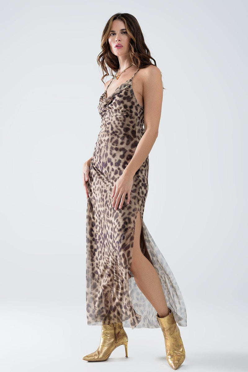 Q2 Women's Dress Leopard Strap Dress In Mesh Fabric