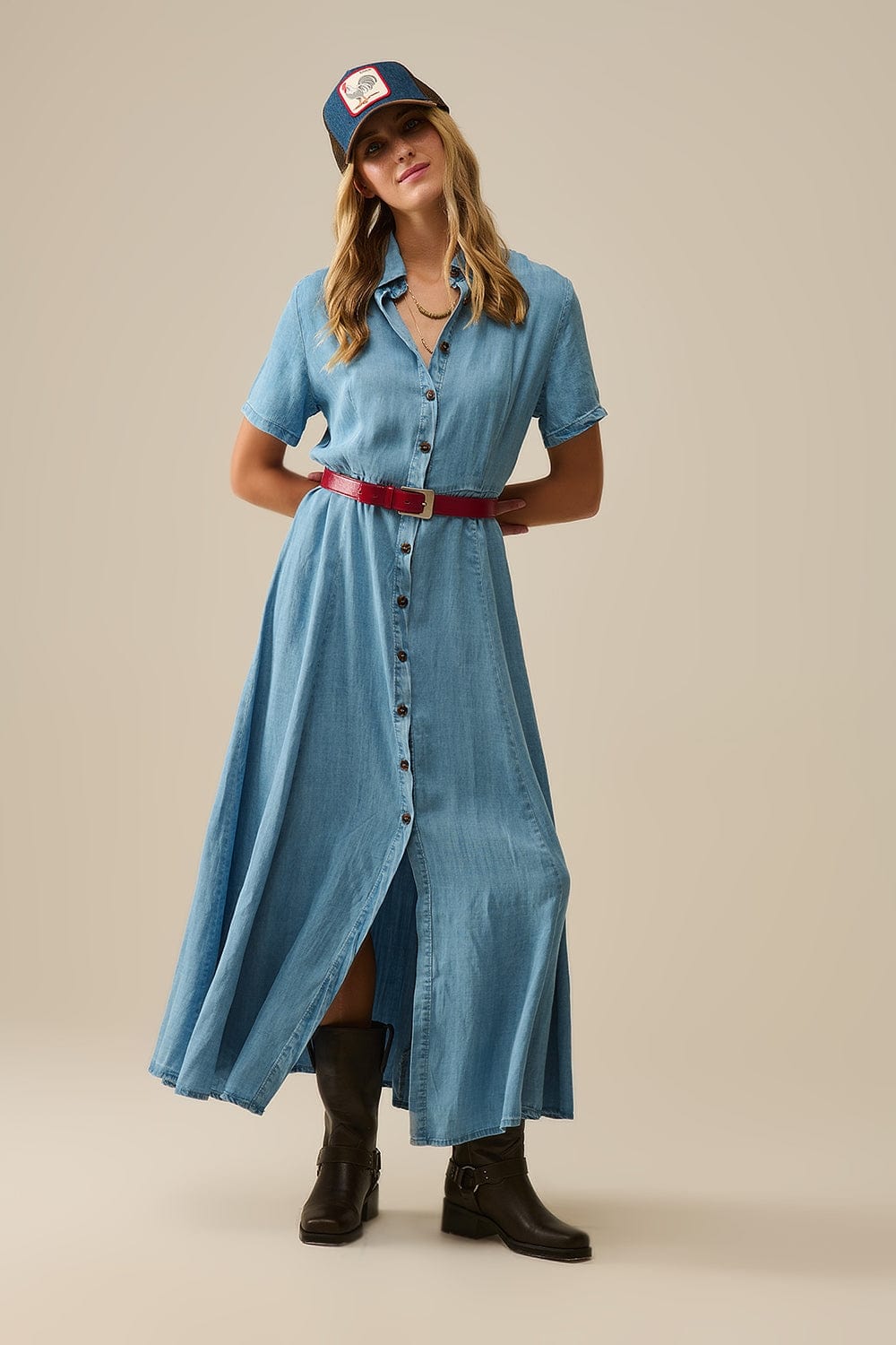 Q2 Women's Dress Light Blue Buttoned Tencel Fabric Maxi Dress
