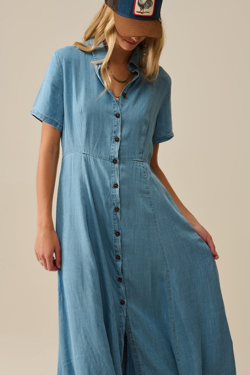 Q2 Women's Dress Light Blue Buttoned Tencel Fabric Maxi Dress