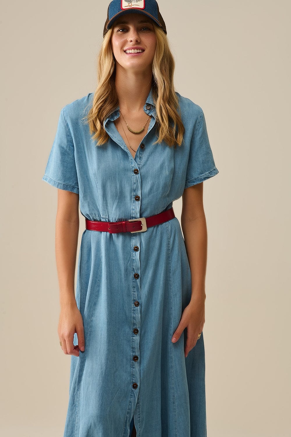 Q2 Women's Dress Light Blue Buttoned Tencel Fabric Maxi Dress