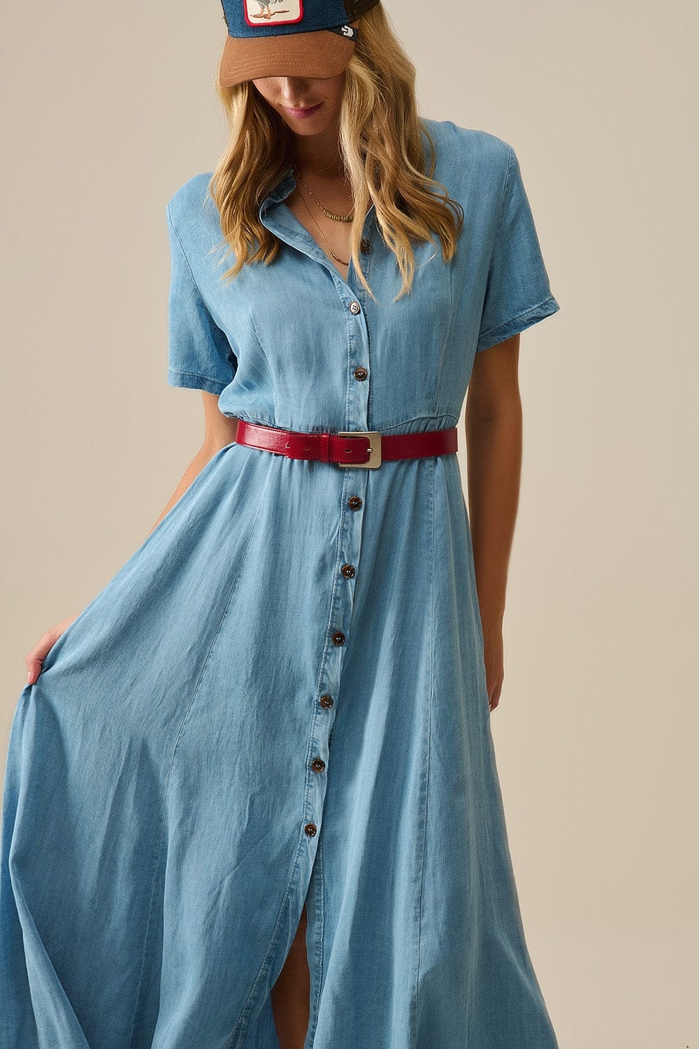 Q2 Women's Dress Light Blue Buttoned Tencel Fabric Maxi Dress