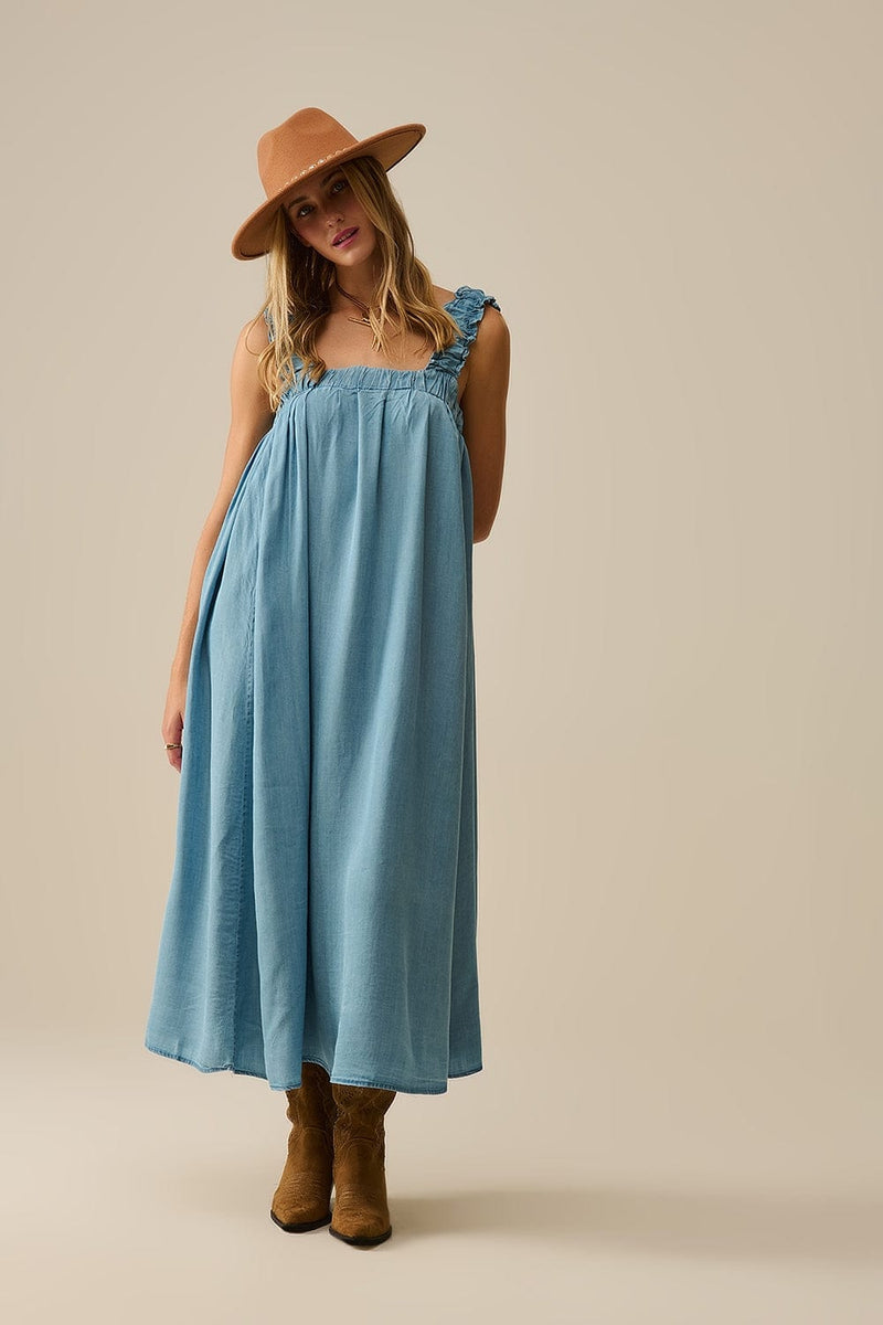 Q2 Women's Dress Light Blue Maxi Dress With Ruffled Straps In Tencel Fabric