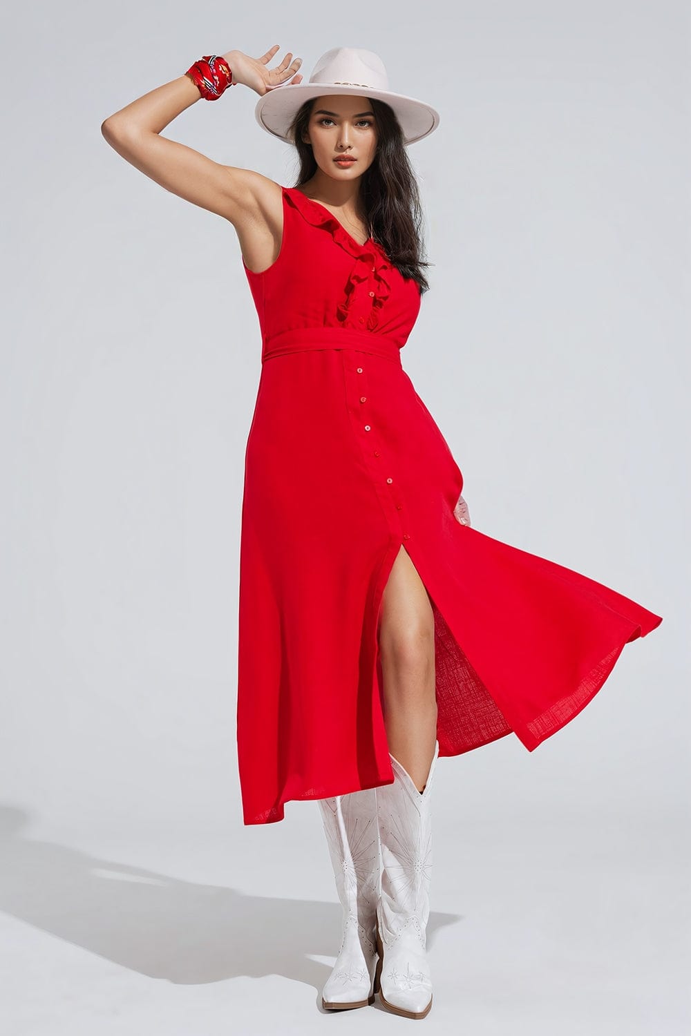 Q2 Women's Dress Long Red Dress With Ruffle And Button Detail