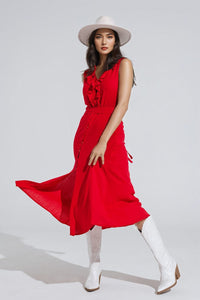 Q2 Women's Dress Long Red Dress With Ruffle And Button Detail