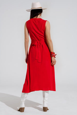 Q2 Women's Dress Long Red Dress With Ruffle And Button Detail