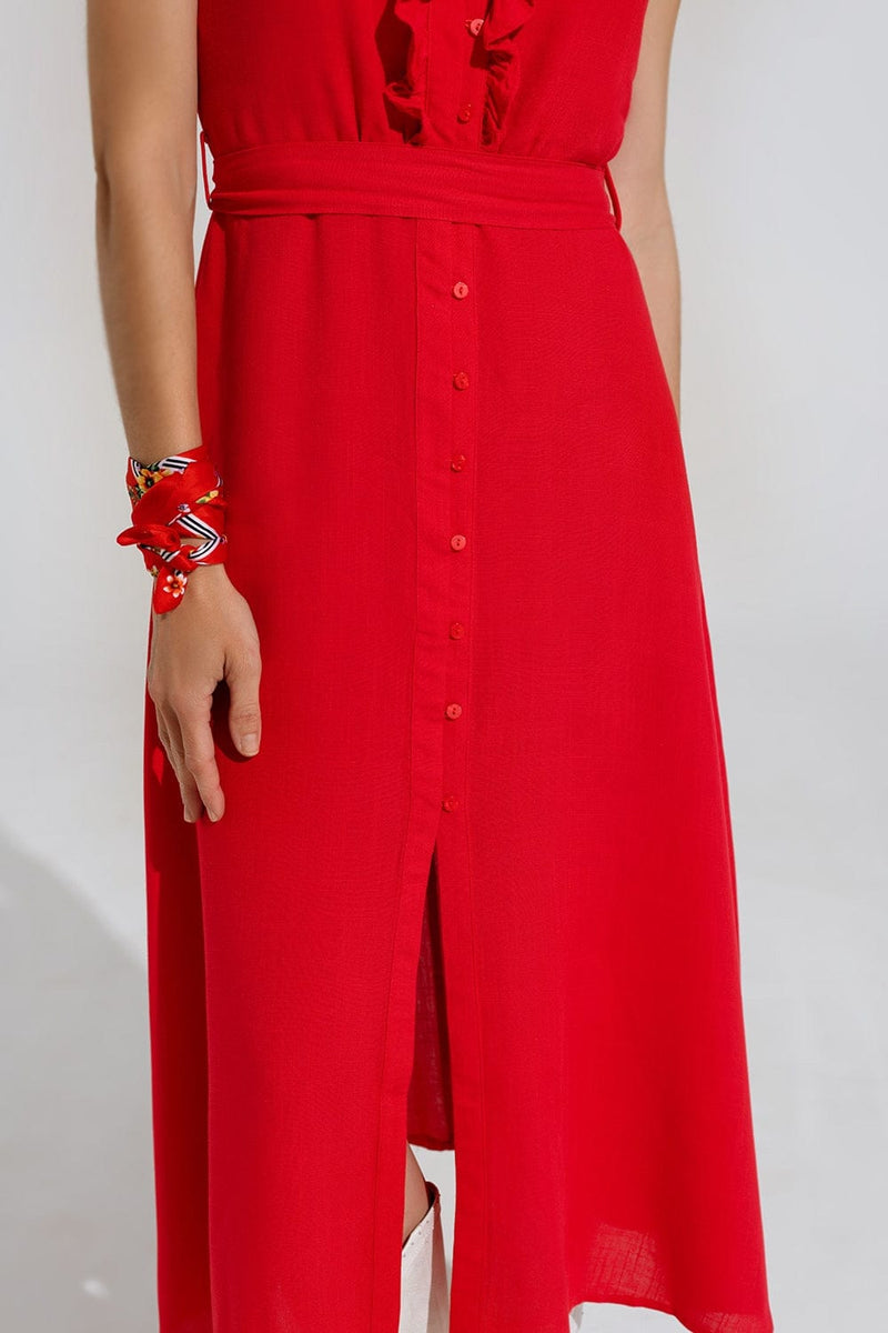 Q2 Women's Dress Long Red Dress With Ruffle And Button Detail