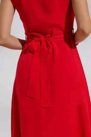 Q2 Women's Dress Long Red Dress With Ruffle And Button Detail