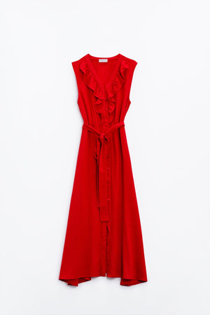 Q2 Women's Dress Long Red Dress With Ruffle And Button Detail