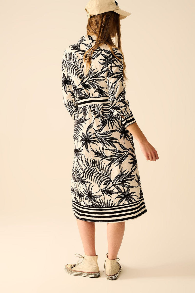 Q2 Women's Dress Long Sleeve Midi Dress In Tropical Motif In Black And White