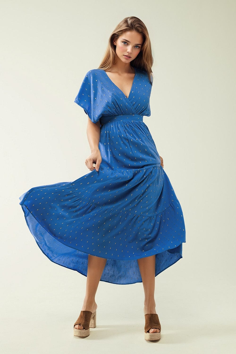 Q2 Women's Dress Loose Maxi Blue Dress Sith Golden Details