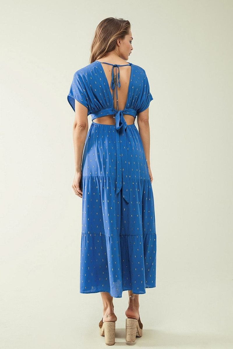 Q2 Women's Dress Loose Maxi Blue Dress Sith Golden Details