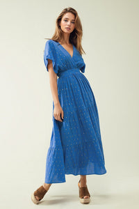 Q2 Women's Dress Loose Maxi Blue Dress Sith Golden Details