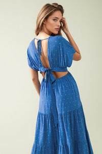 Q2 Women's Dress Loose Maxi Blue Dress Sith Golden Details