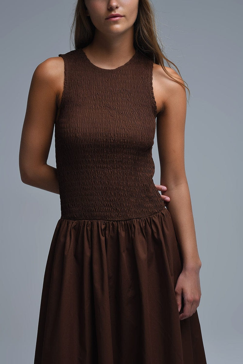 Q2 Women's Dress Maxi Brown Smocked Poplin Dress