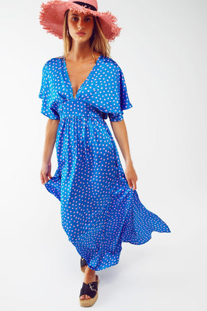 Q2 Women's Dress Maxi Cinched At The Waist Dress With Angel Sleeves In Blue Polka Dot