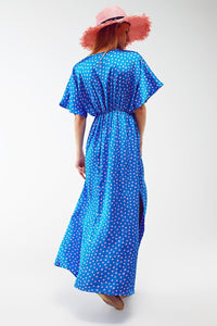 Q2 Women's Dress Maxi Cinched At The Waist Dress With Angel Sleeves In Blue Polka Dot