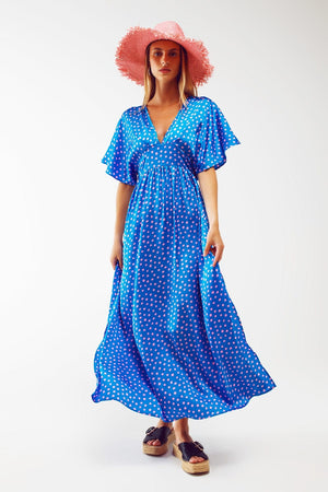 Q2 Women's Dress Maxi Cinched At The Waist Dress With Angel Sleeves In Blue Polka Dot