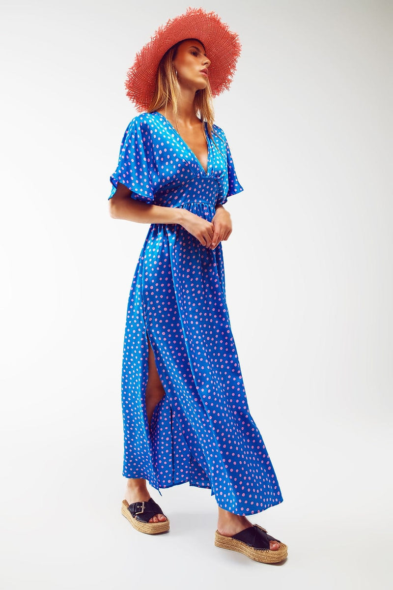 Q2 Women's Dress Maxi Cinched At The Waist Dress With Angel Sleeves In Blue Polka Dot