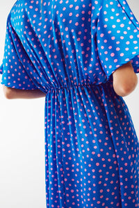 Q2 Women's Dress Maxi Cinched At The Waist Dress With Angel Sleeves In Blue Polka Dot