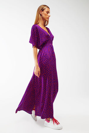 Q2 Women's Dress Maxi Cinched At The Waist Dress With Angel Sleeves In Purple Polka Dot