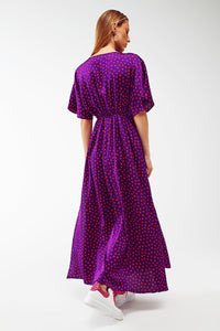 Q2 Women's Dress Maxi Cinched At The Waist Dress With Angel Sleeves In Purple Polka Dot