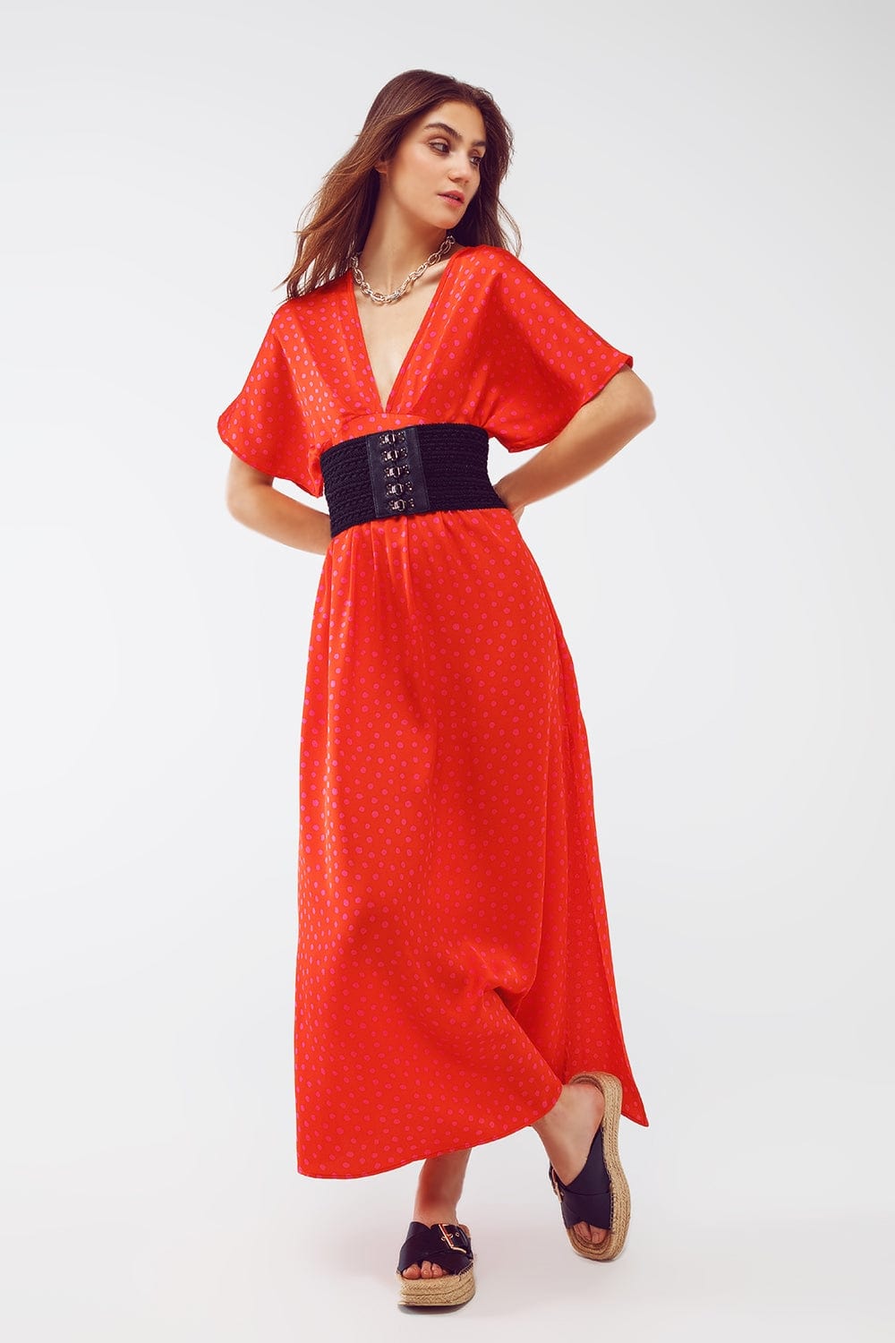 Q2 Women's Dress Maxi Cinched At The Waist Dress With Angel Sleeves In Red Polka Dot