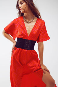 Q2 Women's Dress Maxi Cinched At The Waist Dress With Angel Sleeves In Red Polka Dot